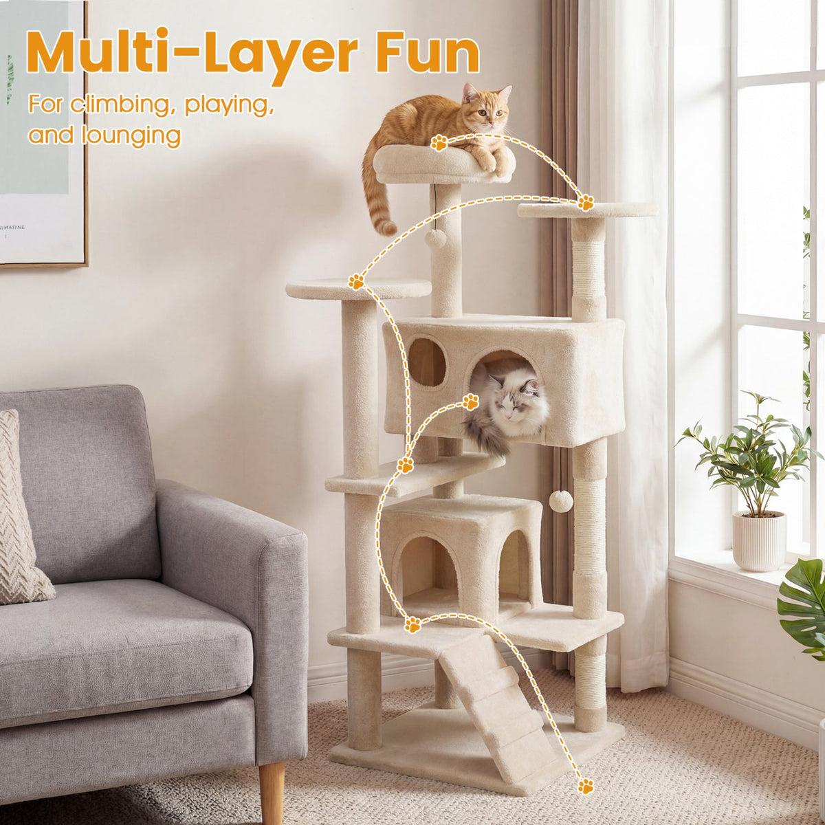 52" Cat Tree with 2 Caves