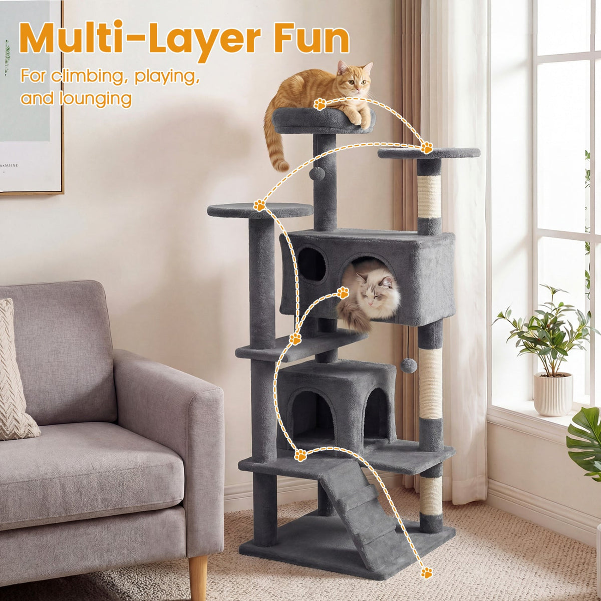 52" Cat Tree with 2 Caves