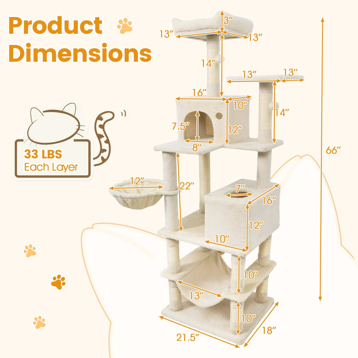 66" Cat Tree with 2 Condos